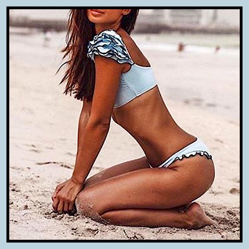 Layered Ruffled Shoulders Light Blue Bikini NWT - Picture 8 of 13